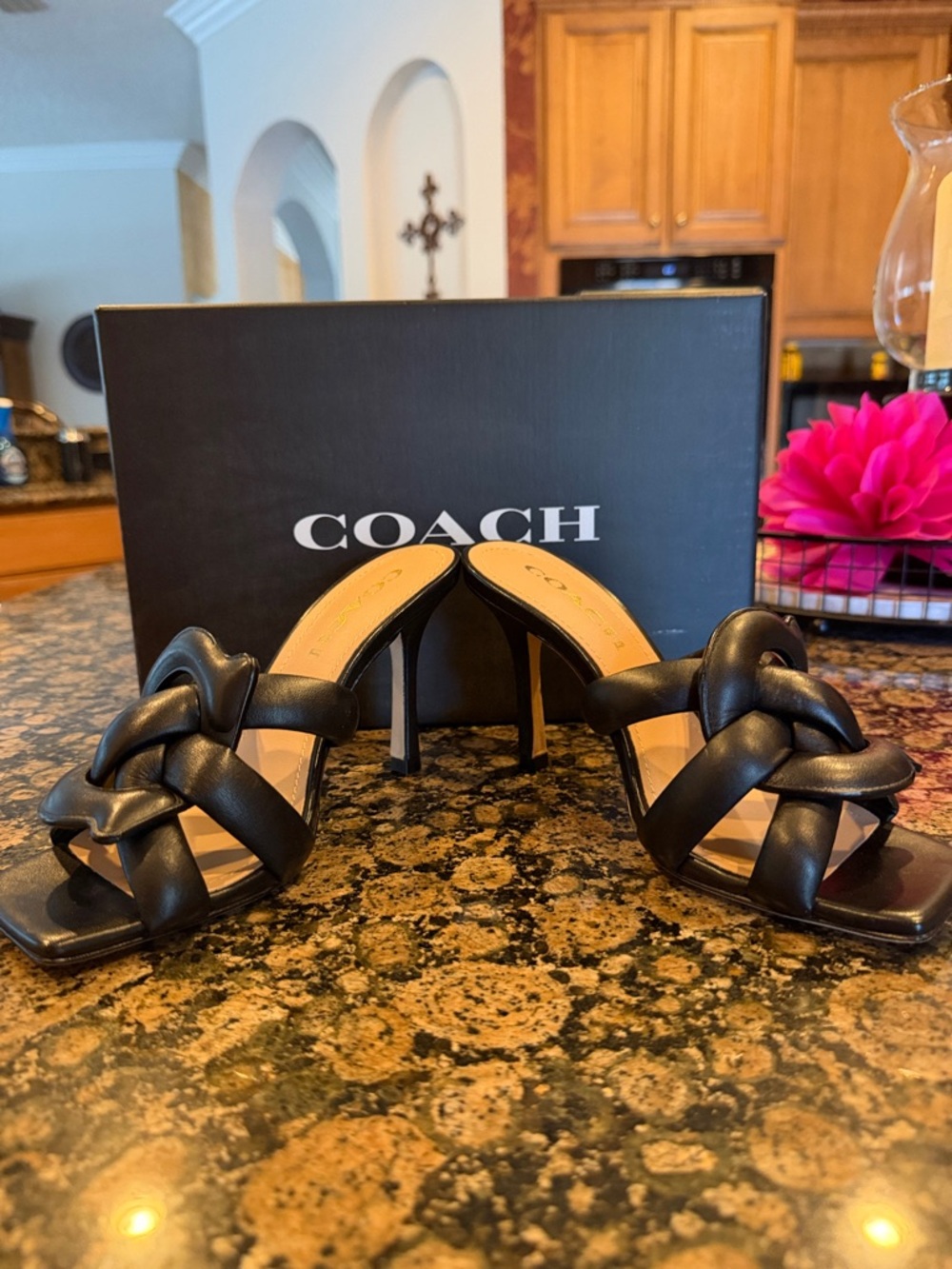 Coach Black Braided Leather Slide Mules with Square Toe - Picture 3 of 6